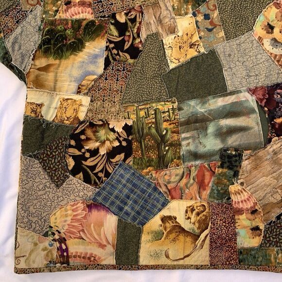 Vintage Handmade Patchwork Crazy Quilt M L Cardigan Sweater Floral Lion Cheetah - Picture 10 of 15